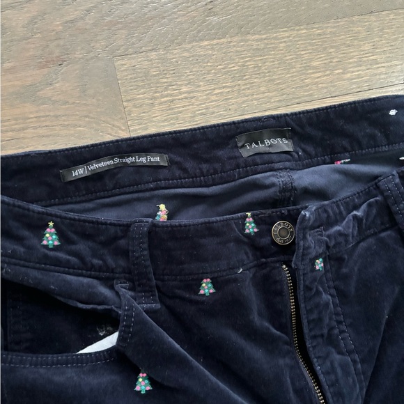 TALBOTS BLUE VELVETEEN STRAIGHT LEG PANTS - CHRISTMAS TREE CRITTERS 14W - Picture 4 of 5